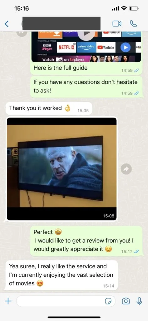 WhatsApp customer chat screenshot confirming quick setup